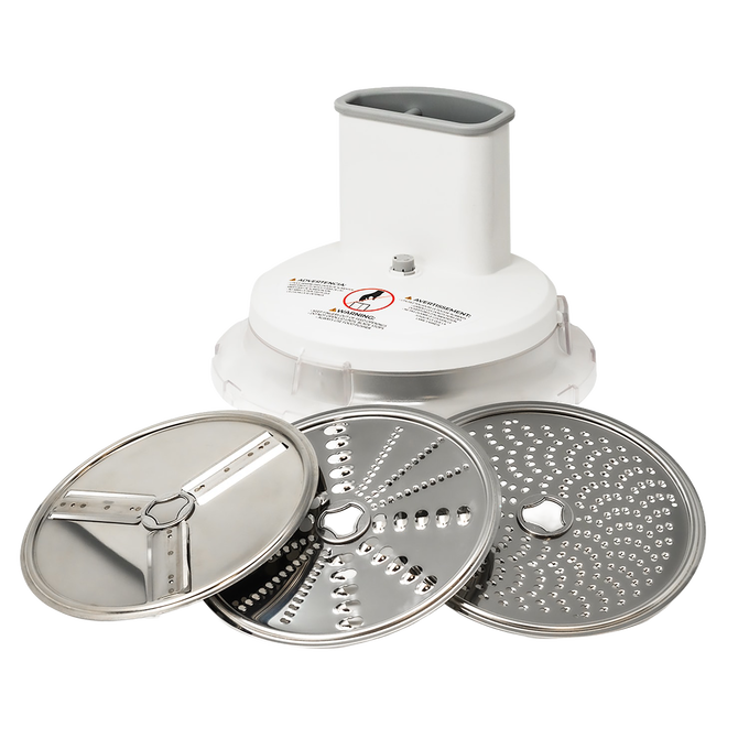 Set of slicer and shredder discs with a white plastic attachment base designed for use with Bosch and NutriMill mixers, crafted in the USA for the Kitchen & Food, Choppers and Cutters, and Cooking and Baking Helpers collections.