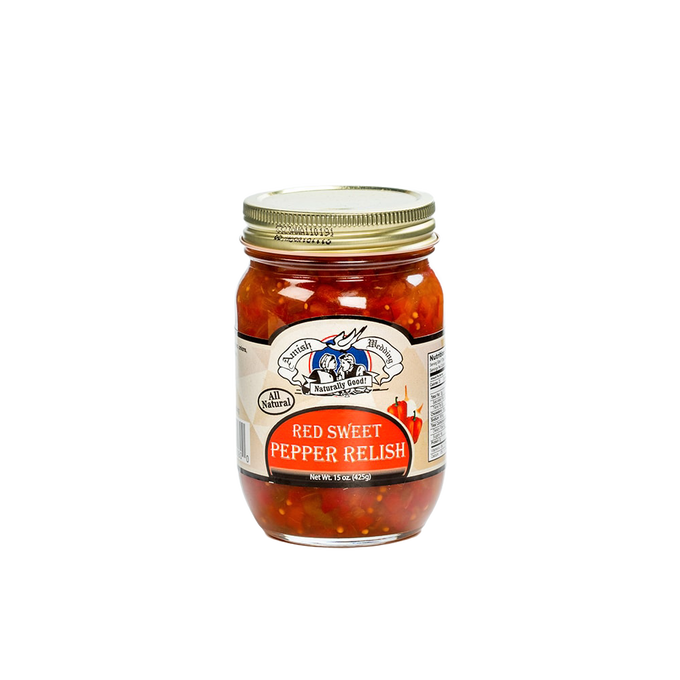 Glass jar of handcrafted red sweet pepper relish with a gold metal lid, made in USA, featured in Kitchen & Food, Pantry, Best Sellers, and USA Made collections.