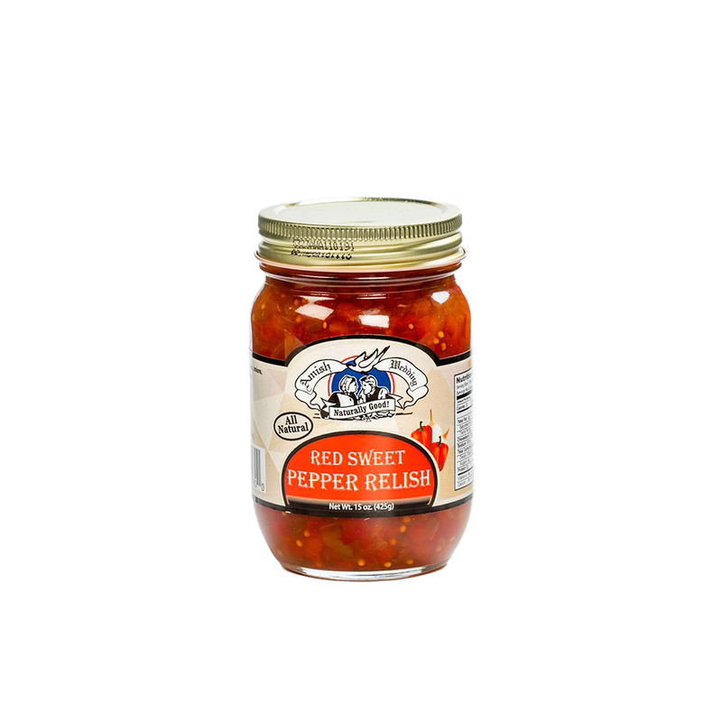 Glass jar of handcrafted red sweet pepper relish with a gold metal lid, made in USA, featured in Kitchen & Food, Pantry, Best Sellers, and USA Made collections.