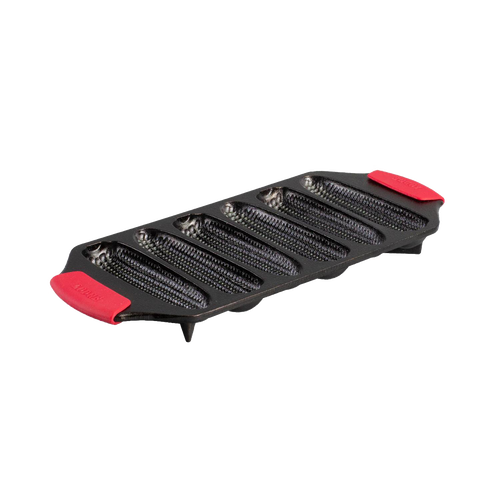 Seasoned cast iron cornstick pan with dual silicone handles and angled feet for stability, designed for Kitchen & Food, Cast Iron, USA Made, Best Sellers, and Cookware collections.