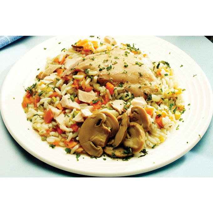 Plate of slow cooker chicken and rice with diced carrots, mushrooms, herbs, and vegetables, showcasing a wholesome, handcrafted gluten-free meal from USA made Kitchen & Food collections.