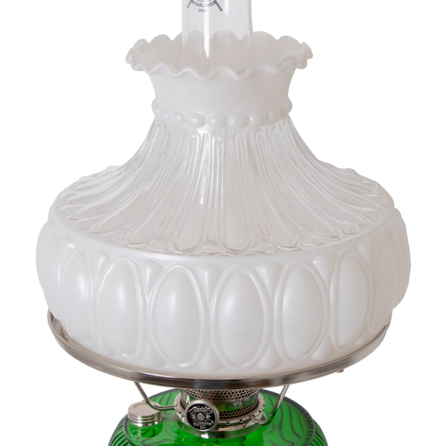 Frosted glass oil lamp shade with decorative embossed pattern and ruffled top edge, designed for durable use with lamps in Lamps & Lighting and Parts and Accessories collections.