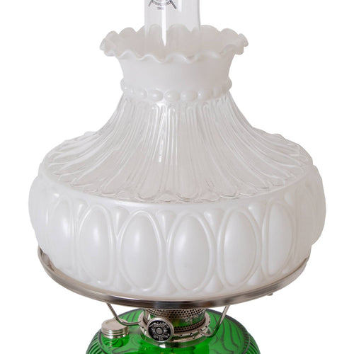 Frosted glass oil lamp shade with decorative embossed pattern and ruffled top edge, designed for durable use with lamps in Lamps & Lighting and Parts and Accessories collections.