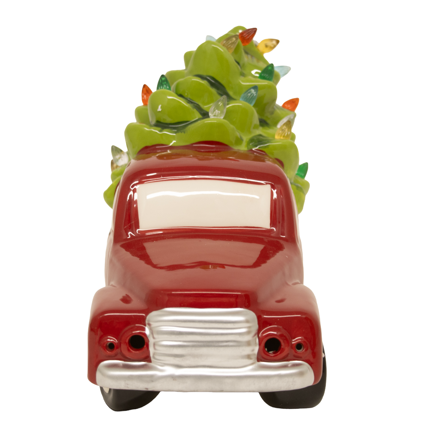 Handcrafted dolomite red truck featuring a vibrant green Christmas tree with colorful LED lights, battery operated, ideal for Home & Decor, Holiday Decor, Best Sellers, and Promo Eligible collections.