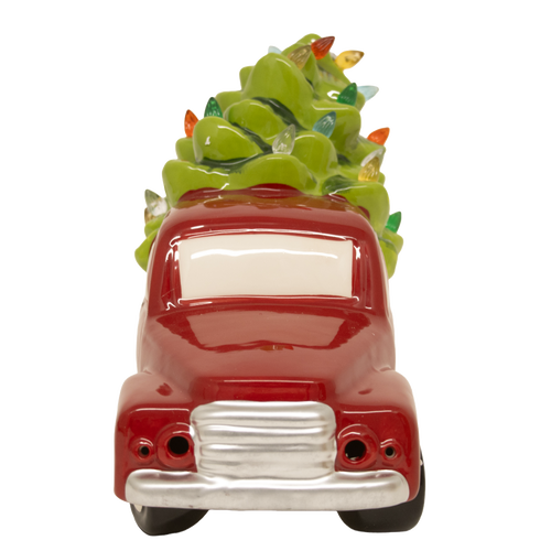 Handcrafted dolomite red truck featuring a vibrant green Christmas tree with colorful LED lights, battery operated, ideal for Home & Decor, Holiday Decor, Best Sellers, and Promo Eligible collections.