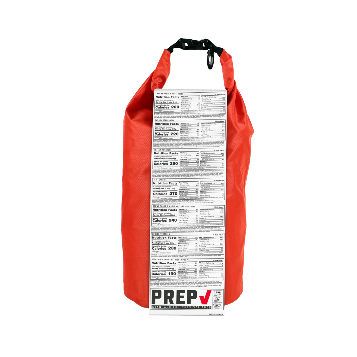 Red waterproof dry bag with printed nutrition facts panel and Prep checkmark logo, designed for emergency food storage, suitable for pantry and emergency supply collections.