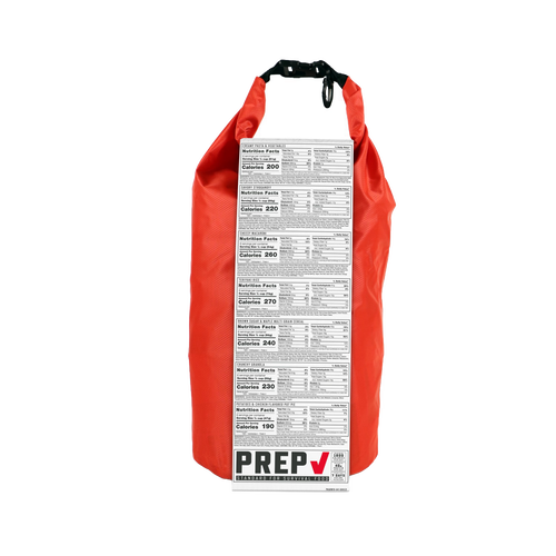 Red waterproof dry bag with printed nutrition facts panel and Prep checkmark logo, designed for emergency food storage, suitable for pantry and emergency supply collections.