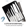 Seven-piece handcrafted kitchen knife and peeler set with sleek silver handles, designed for food preparation including slicing, peeling, and paring, made in USA, featured in Kitchen & Food and Farm, Garden & Tool collections.