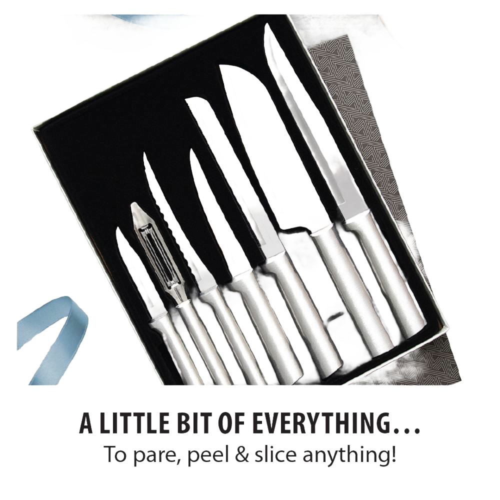 Seven-piece handcrafted kitchen knife and peeler set with sleek silver handles, designed for food preparation including slicing, peeling, and paring, made in USA, featured in Kitchen & Food and Farm, Garden & Tool collections.