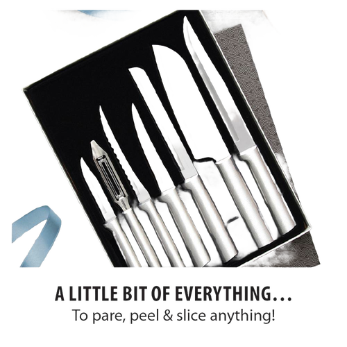 Seven-piece handcrafted kitchen knife and peeler set with sleek silver handles, designed for food preparation including slicing, peeling, and paring, made in USA, featured in Kitchen & Food and Farm, Garden & Tool collections.