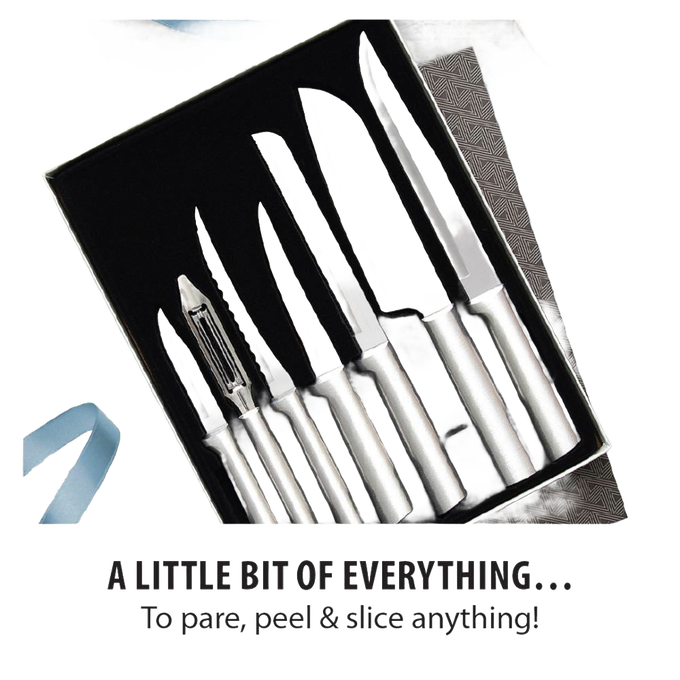 Seven-piece handcrafted kitchen knife and peeler set with sleek silver handles, designed for food preparation including slicing, peeling, and paring, made in USA, featured in Kitchen & Food and Farm, Garden & Tool collections.