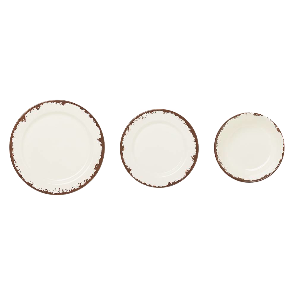 Three rustic off white melamine dishes with distressed brown edges in large, medium, and small sizes, perfect for Kitchen & Food, Storage and Serving, Best Sellers, and Promo Eligible collections.