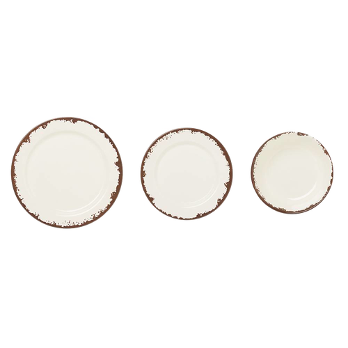 Three rustic off white melamine dishes with distressed brown edges in large, medium, and small sizes, perfect for Kitchen & Food, Storage and Serving, Best Sellers, and Promo Eligible collections.