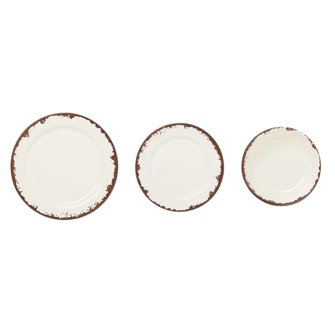 Three rustic off white melamine dishes with distressed brown edges in large, medium, and small sizes, perfect for Kitchen & Food, Storage and Serving, Best Sellers, and Promo Eligible collections.