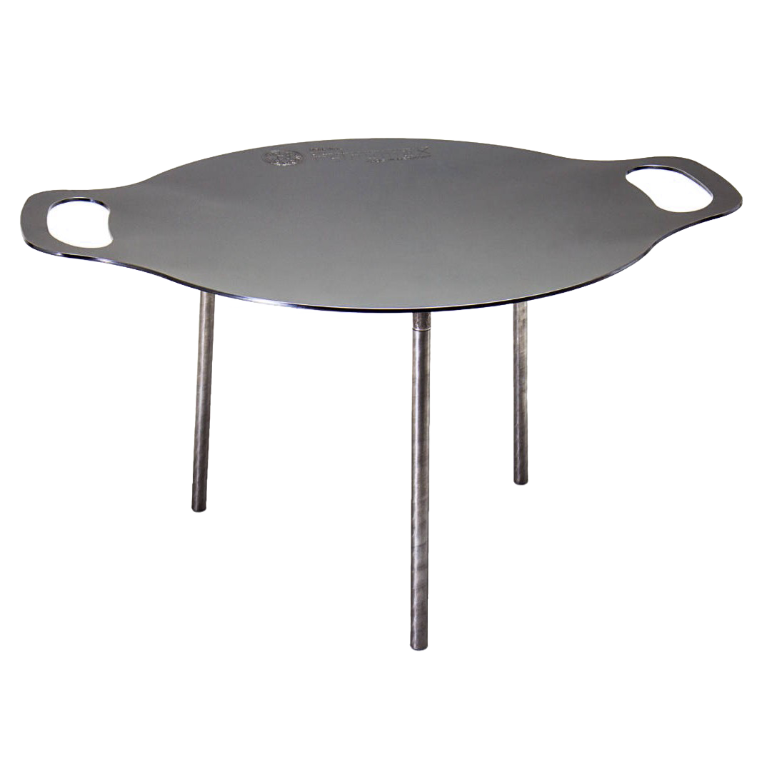 Oval steel griddle with built-in handles and three sturdy legs, designed for stable outdoor cooking, grilling, and frying in Farm, Garden & Tool, Camping, Best Sellers, and Promo Eligible collections.