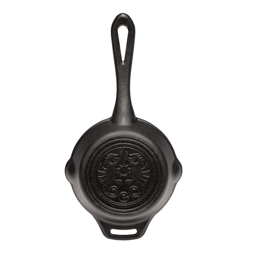 Top-down view of a sturdy cast iron skillet with a long handle and an embossed decorative design on the bottom, perfect for Farm, Garden & Tool, Kitchen & Food, Camping, Cookware, Cast Iron, and Best Sellers collections.