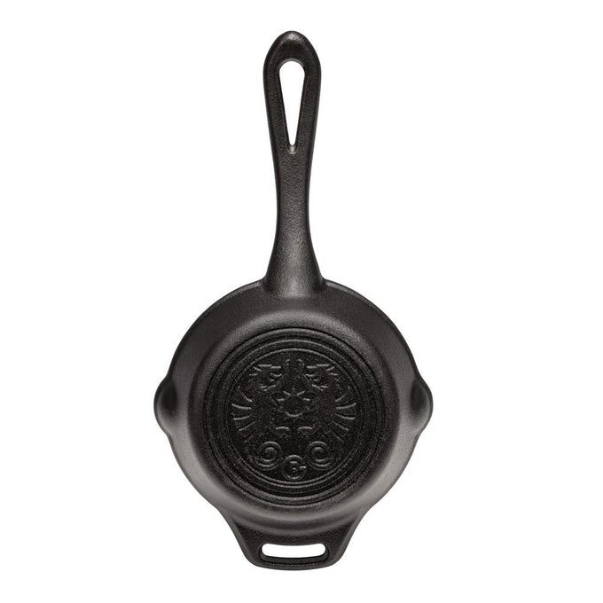 Top-down view of a sturdy cast iron skillet with a long handle and an embossed decorative design on the bottom, perfect for Farm, Garden & Tool, Kitchen & Food, Camping, Cookware, Cast Iron, and Best Sellers collections.