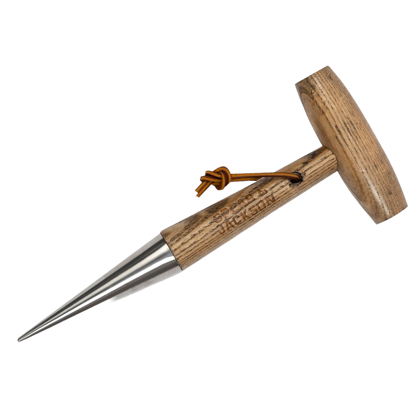 Hand tool with a mirror-polished stainless steel tapered tip and smooth wooden handle, designed for planting seeds and seedlings efficiently in Farm, Garden & Tool and Seeds and Planting collections.
