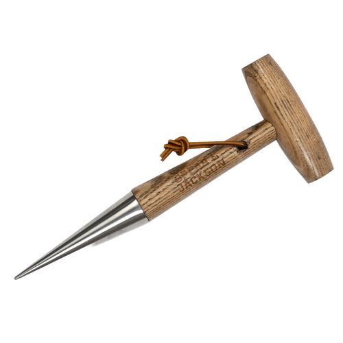 Hand tool with a mirror-polished stainless steel tapered tip and smooth wooden handle, designed for planting seeds and seedlings efficiently in Farm, Garden & Tool and Seeds and Planting collections.