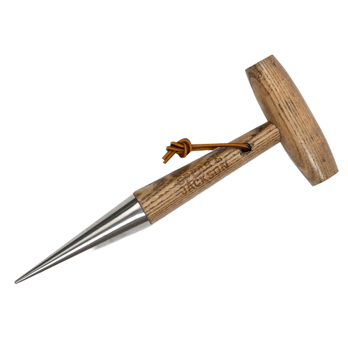 Hand tool with a mirror-polished stainless steel tapered tip and smooth wooden handle, designed for planting seeds and seedlings efficiently in Farm, Garden & Tool and Seeds and Planting collections.