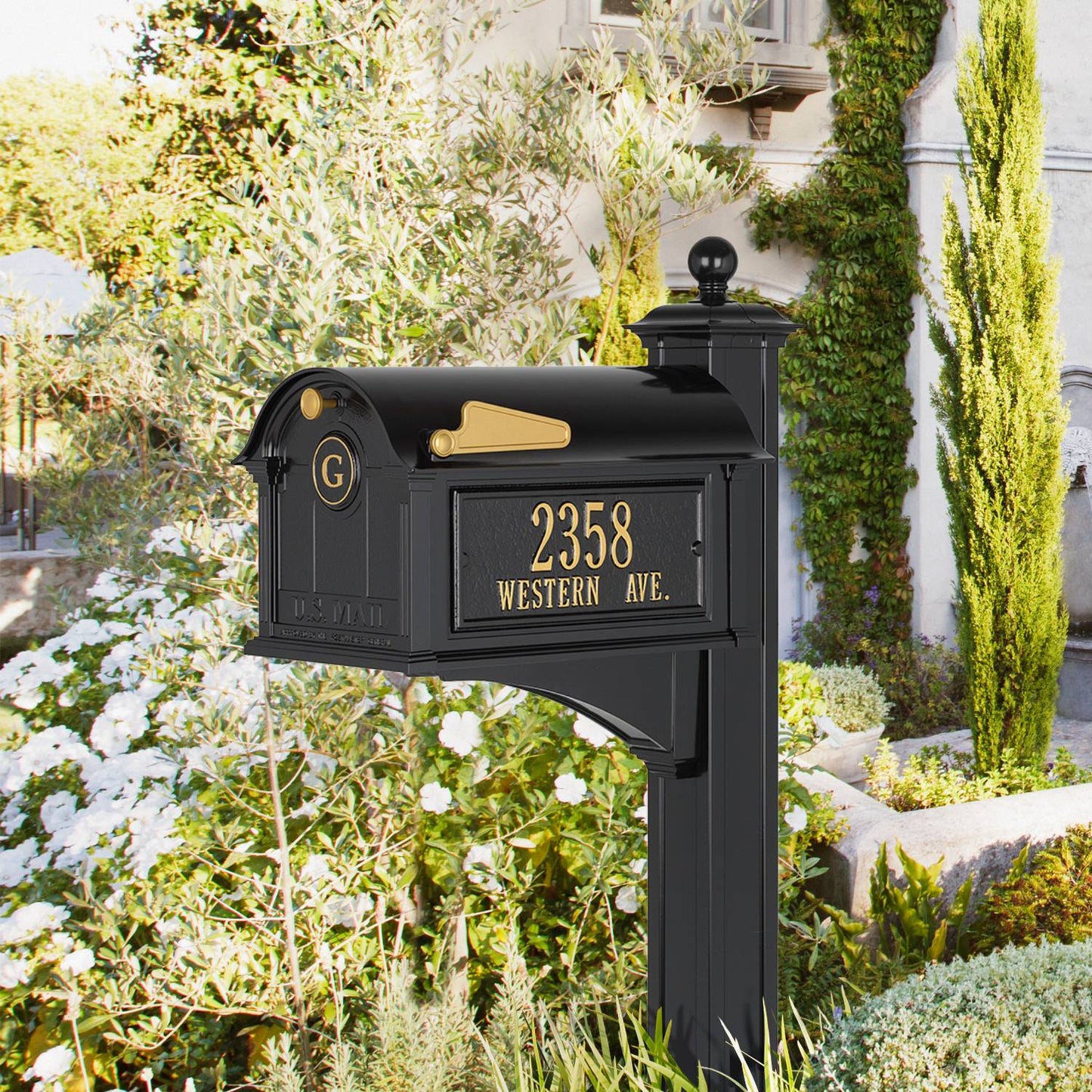 Elegant black and gold mailbox with personalized monogram and address plaque, handcrafted in the USA, enhancing curb appeal in Home & Decor and Mailboxes collections.