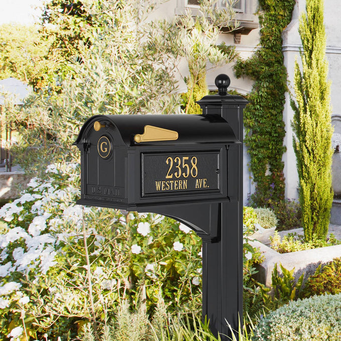 Elegant black and gold mailbox with personalized monogram and address plaque, handcrafted in the USA, enhancing curb appeal in Home & Decor and Mailboxes collections.