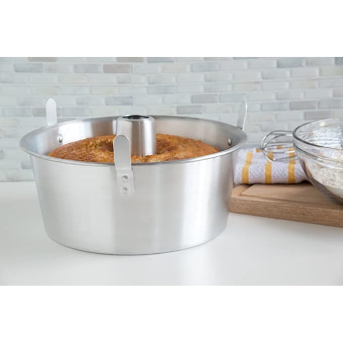 Round aluminum tube pan with removable bottom and cooling feet, ideal for even baking of angel food cakes, featured in Kitchen & Food, Cookware, Baking Supplies, Best Sellers, and Promo Eligible collections.