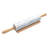 Heavy marble rolling pin with wooden handles resting on a wooden stand, designed for smooth dough rolling, featured in Kitchen & Food, Cookware, Baking Supplies, and Best Sellers collections.