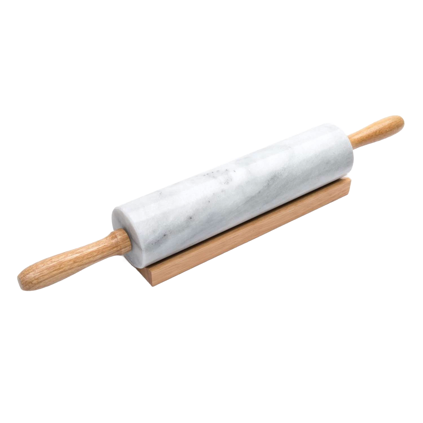 Heavy marble rolling pin with wooden handles resting on a wooden stand, designed for smooth dough rolling, featured in Kitchen & Food, Cookware, Baking Supplies, and Best Sellers collections.