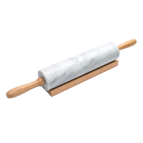 Heavy marble rolling pin with wooden handles resting on a wooden stand, designed for smooth dough rolling, featured in Kitchen & Food, Cookware, Baking Supplies, and Best Sellers collections.