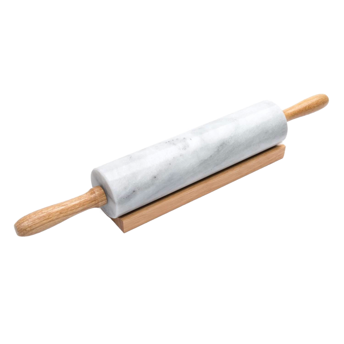 Heavy marble rolling pin with wooden handles resting on a wooden stand, designed for smooth dough rolling, featured in Kitchen & Food, Cookware, Baking Supplies, and Best Sellers collections.