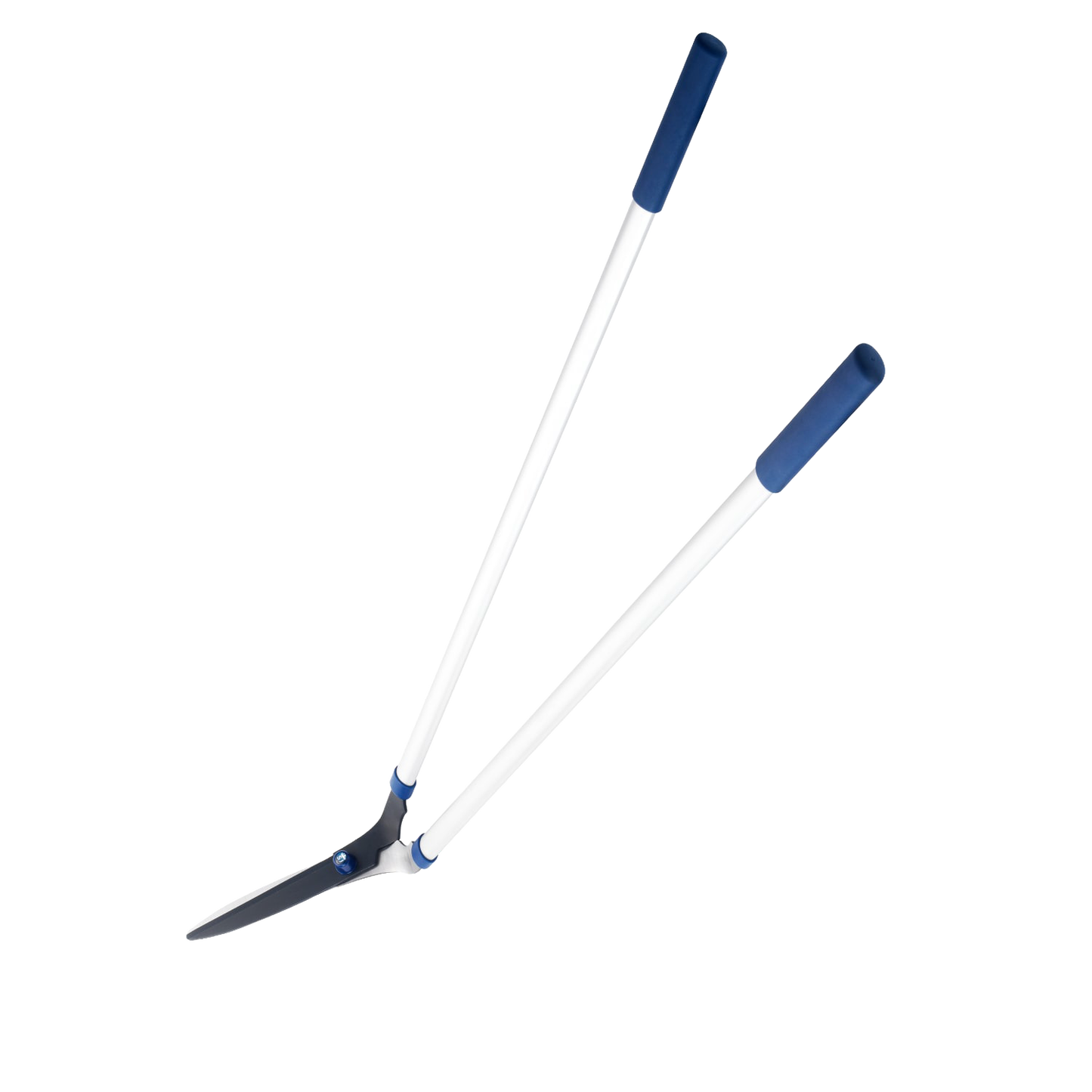 Long-handled lawn shears with 9-inch hardened C50 carbon steel blades featuring a rust-resistant PTFE coating and blue grips, ideal for farm, garden, and lawncare tasks.