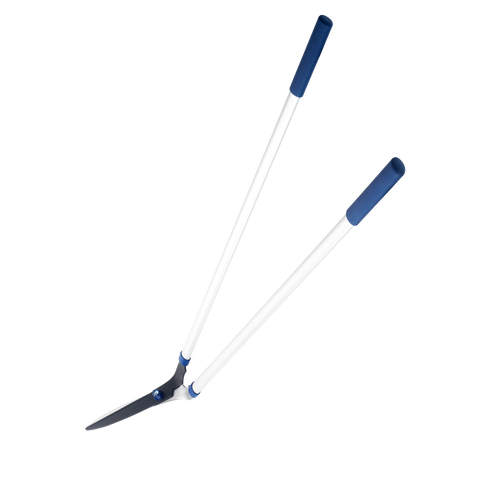 Long-handled lawn shears with 9-inch hardened C50 carbon steel blades featuring a rust-resistant PTFE coating and blue grips, ideal for farm, garden, and lawncare tasks.