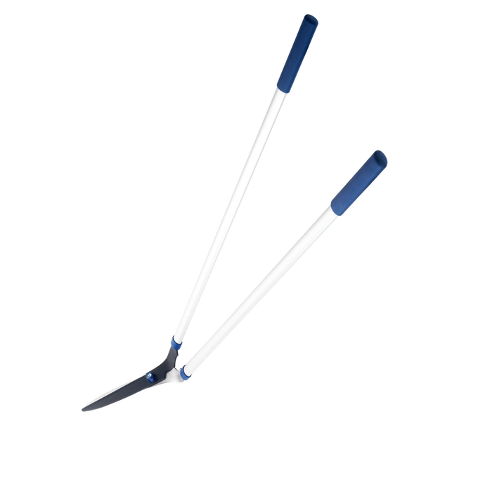 Long-handled lawn shears with 9-inch hardened C50 carbon steel blades featuring a rust-resistant PTFE coating and blue grips, ideal for farm, garden, and lawncare tasks.