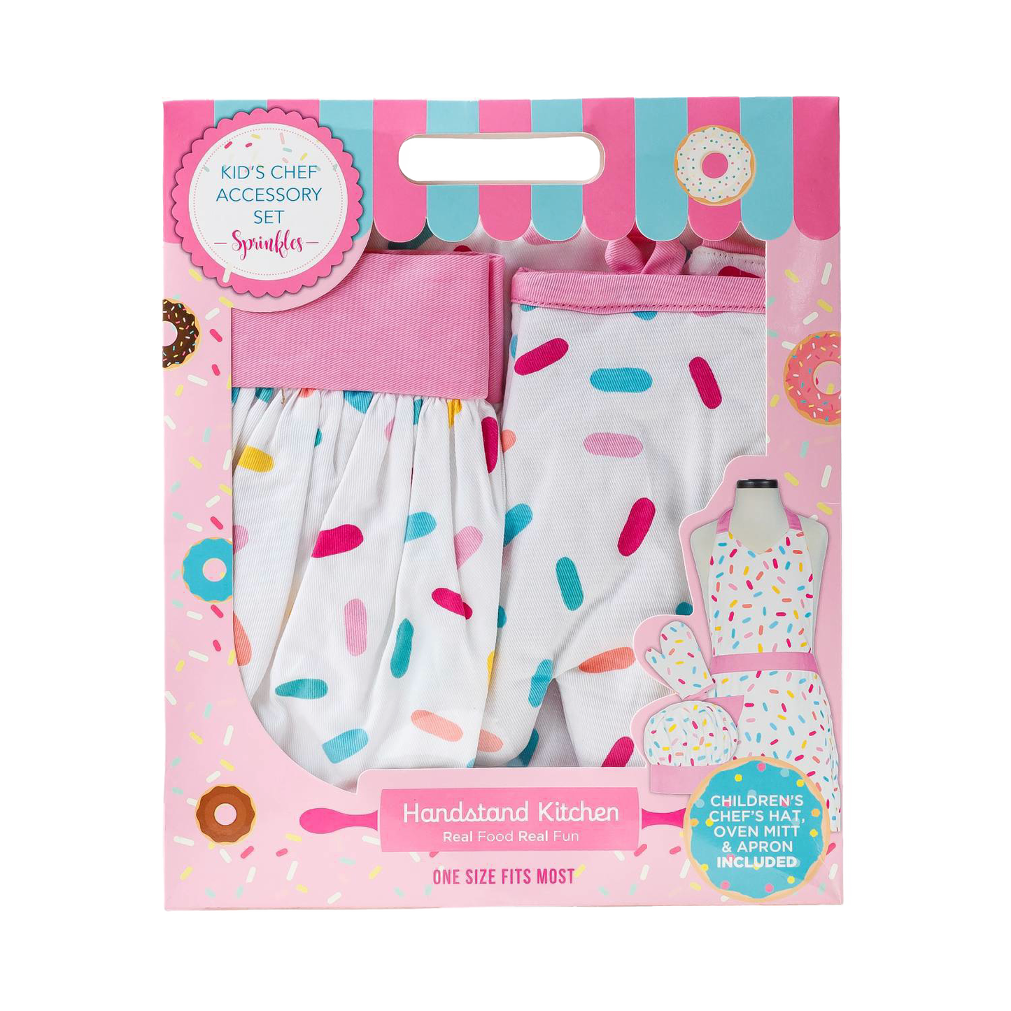 Child-sized chef accessory set with a white apron, oven mitt, and hat decorated with colorful sprinkle patterns, packaged in a playful pink box for Kitchen & Food, Children's Toys, and Arts and Crafts collections.