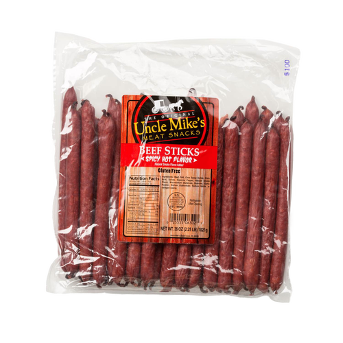 Clear large resealable package of handcrafted spicy hot beef sticks, gluten free, made in USA, perfect for Kitchen & Food, Snacks and Sweets, Meats, Holiday Hosting, Best Sellers, and Promo Eligible collections.