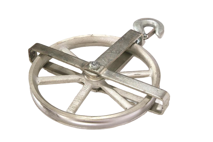 Heavy duty zinc-plated well wheel with permanently lubricated bronze bearing and safety latch, designed for use with natural or synthetic fiber rope, featured in Appliances, Water Pumps, and Pump Parts and Tools collections.