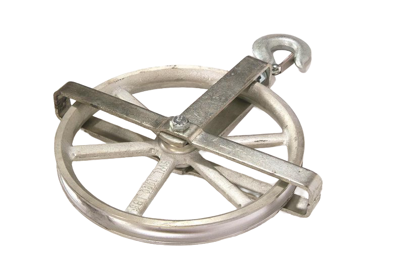 Heavy duty zinc-plated well wheel with permanently lubricated bronze bearing and safety latch, designed for use with natural or synthetic fiber rope, featured in Appliances, Water Pumps, and Pump Parts and Tools collections.