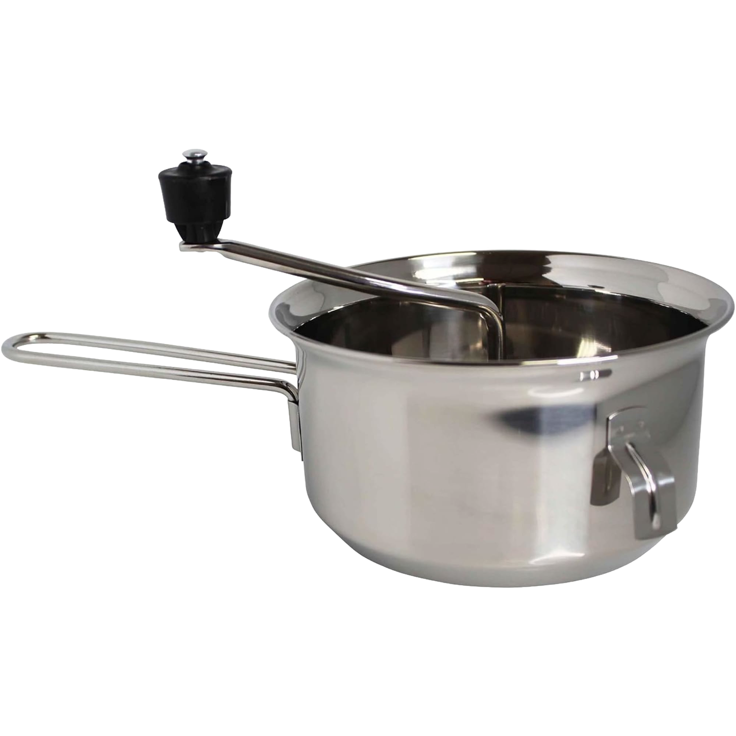 Stainless steel food mill with hand crank and hooks to secure it on bowls, designed for pureeing and mashing fruits and vegetables, featured in Farm, Garden & Tool and Kitchen & Food collections.