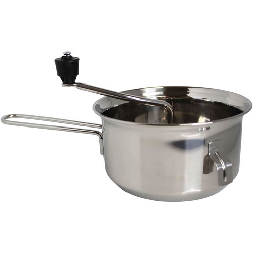 Stainless steel food mill with hand crank and hooks to secure it on bowls, designed for pureeing and mashing fruits and vegetables, featured in Farm, Garden & Tool and Kitchen & Food collections.