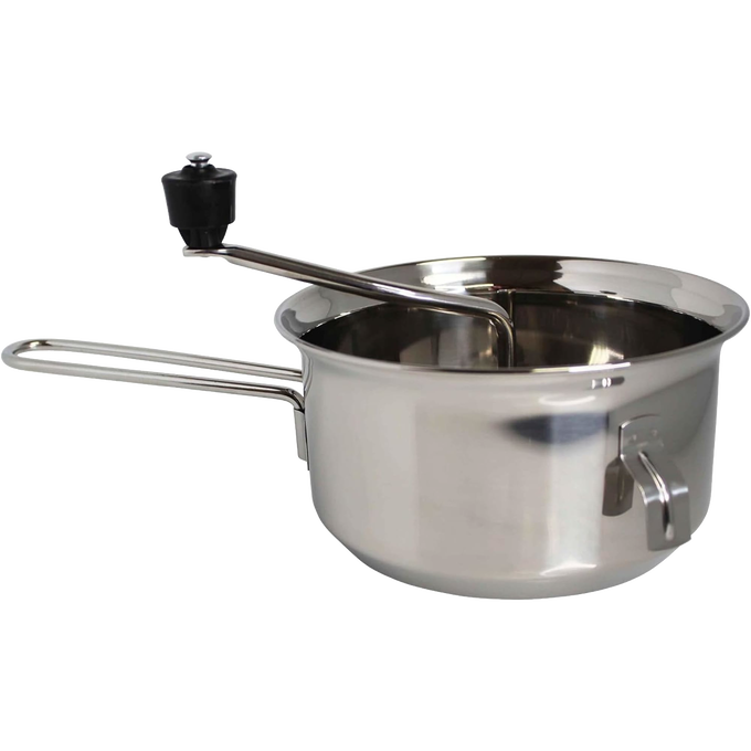Stainless steel food mill with hand crank and hooks to secure it on bowls, designed for pureeing and mashing fruits and vegetables, featured in Farm, Garden & Tool and Kitchen & Food collections.