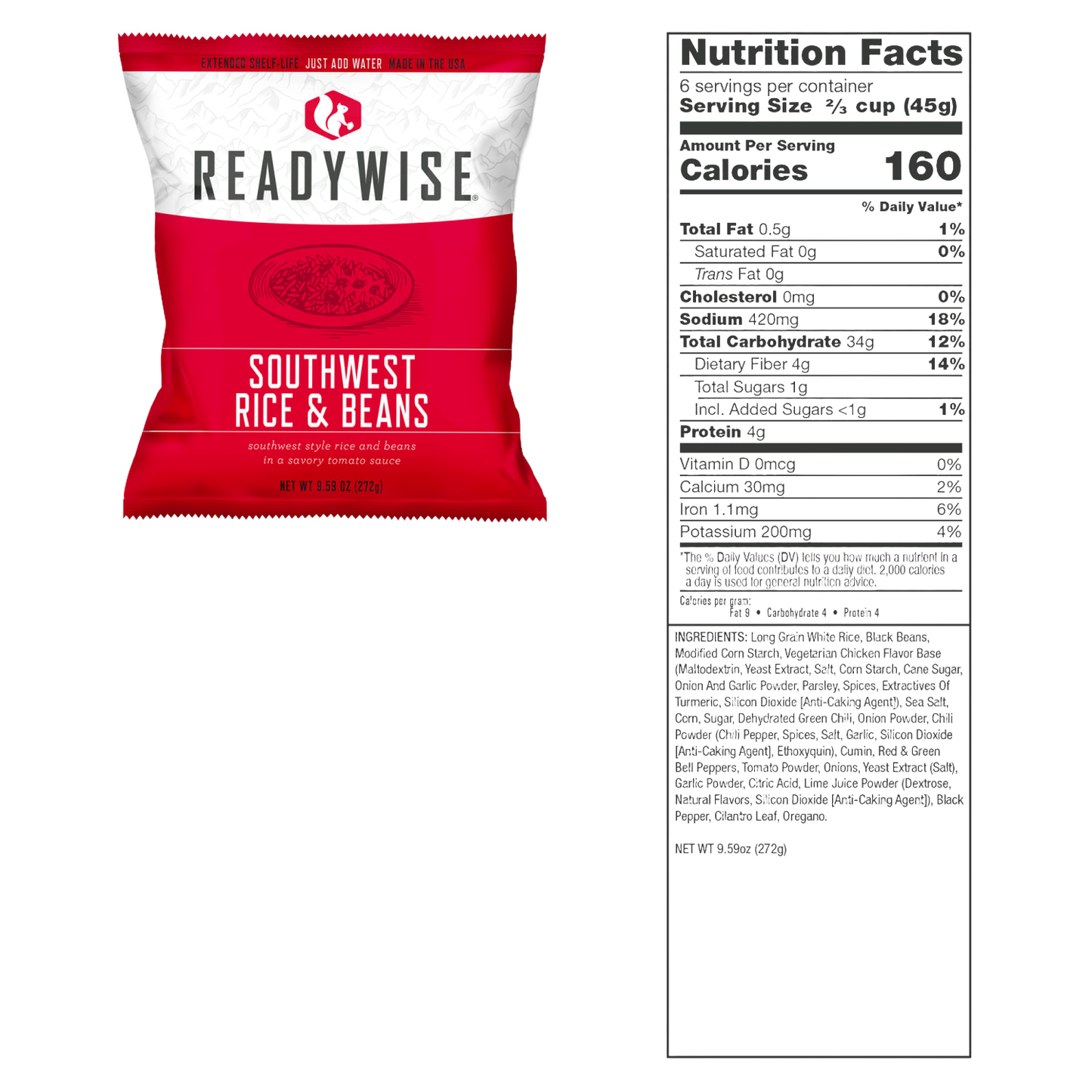 Single-serving freeze-dried Southwest rice and beans meal in red and white packaging with detailed nutrition facts, part of Kitchen & Food, Emergency Supplies, Pantry, and USA Made collections.