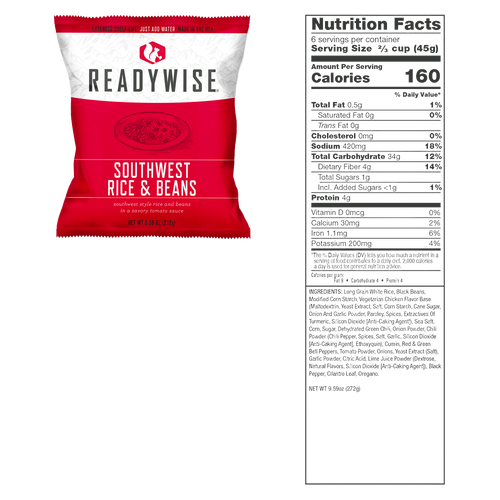 Single-serving freeze-dried Southwest rice and beans meal in red and white packaging with detailed nutrition facts, part of Kitchen & Food, Emergency Supplies, Pantry, and USA Made collections.