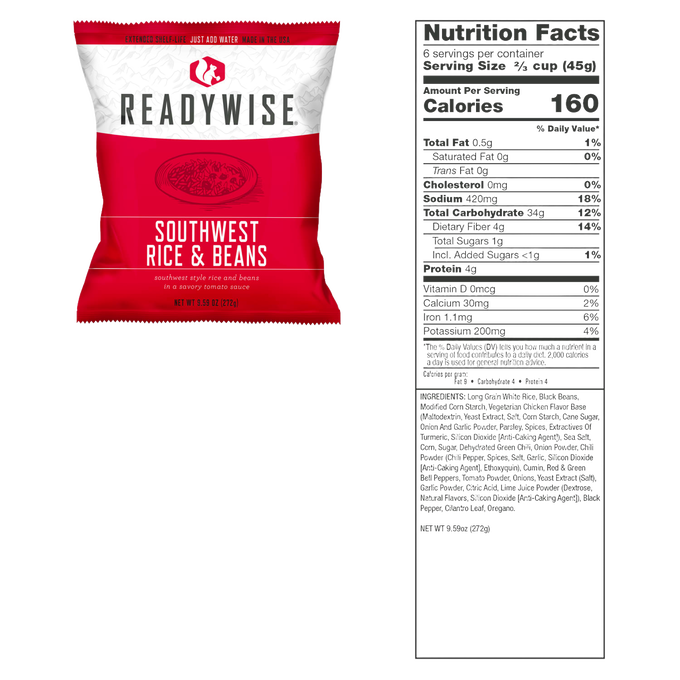 Single-serving freeze-dried Southwest rice and beans meal in red and white packaging with detailed nutrition facts, part of Kitchen & Food, Emergency Supplies, Pantry, and USA Made collections.