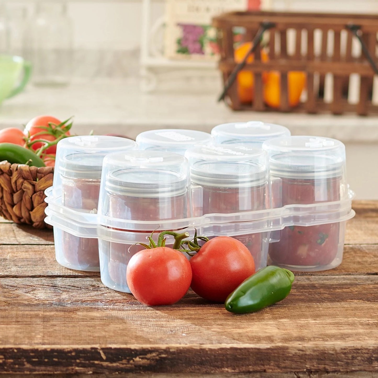Stackable clear plastic SafeCrate container holding six sealed canning jars, displayed on rustic wooden surface with fresh tomatoes and a green pepper nearby, ideal for kitchen storage and food preservation collections.