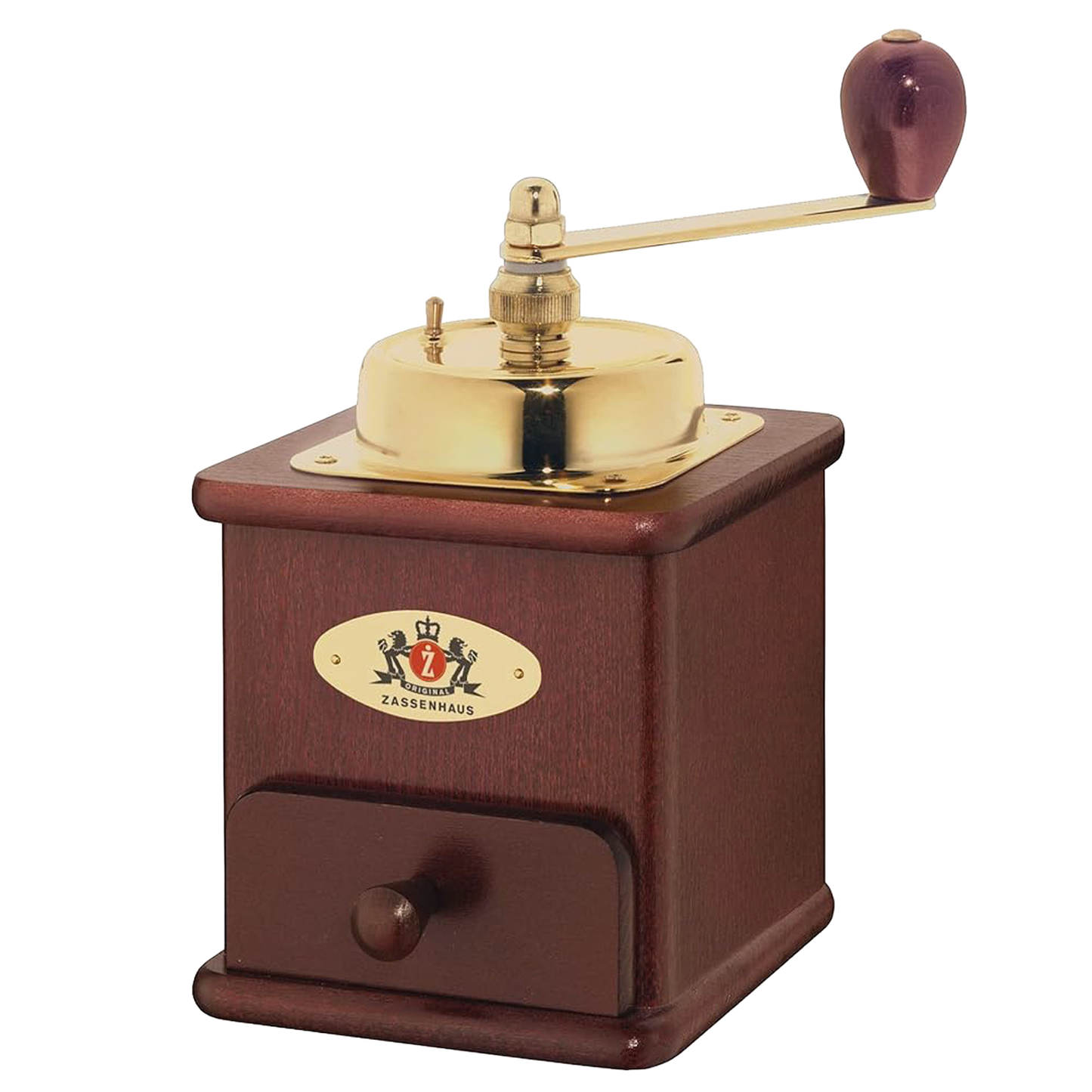 Handcrafted coffee mill with polished brass top and wooden body featuring a top crank handle, ideal for Farm, Garden & Tool, Kitchen & Food, Brewing Coffee and Tea, and Homesteading collections.