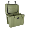 Robust olive green cooler with hinged lid open to reveal insulated interior, designed for extended ice retention, suited for outdoor Camping, Farm, Garden & Tool, and Best Sellers collections.