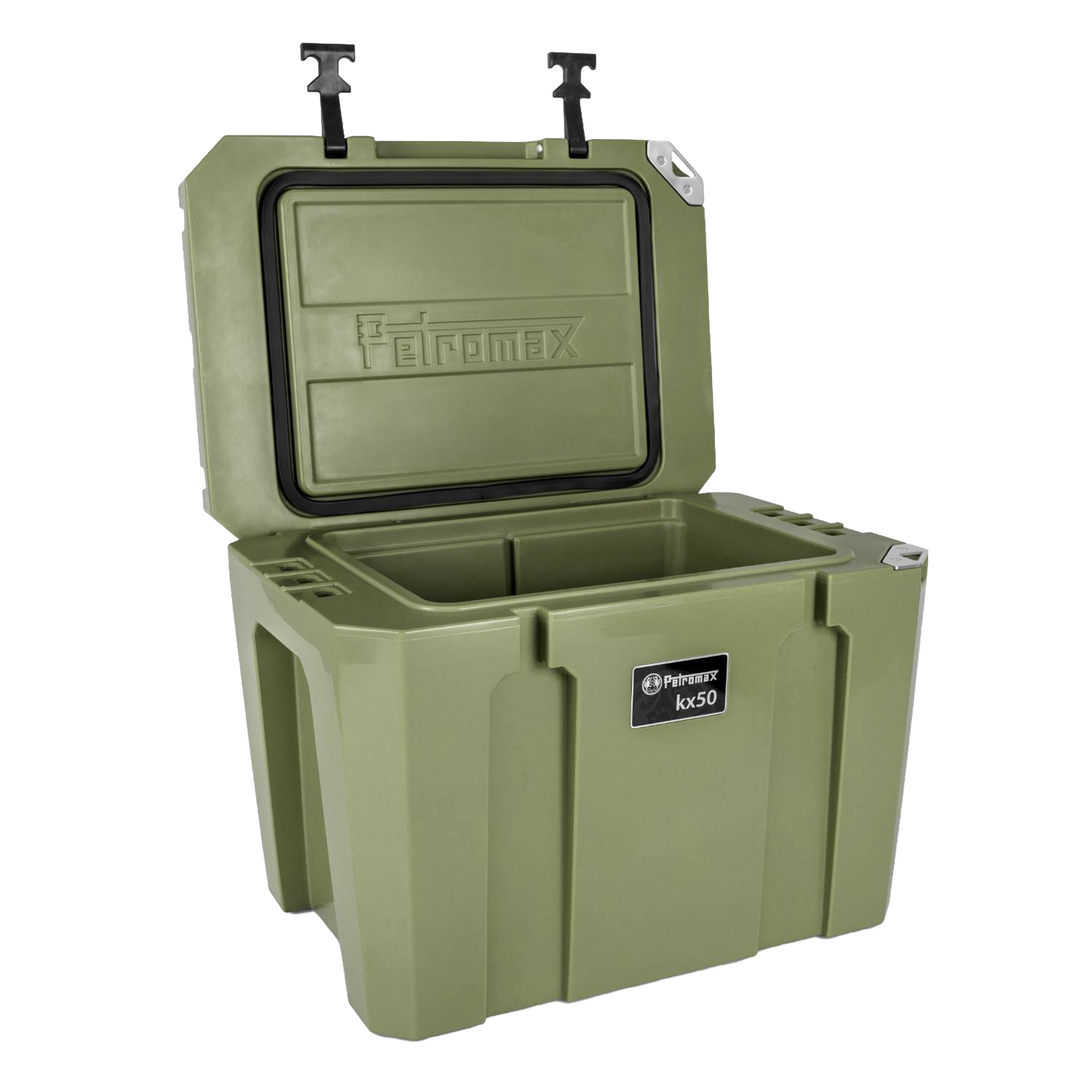 Robust olive green cooler with hinged lid open to reveal insulated interior, designed for extended ice retention, suited for outdoor Camping, Farm, Garden & Tool, and Best Sellers collections.