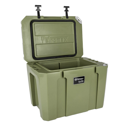 Robust olive green cooler with hinged lid open to reveal insulated interior, designed for extended ice retention, suited for outdoor Camping, Farm, Garden & Tool, and Best Sellers collections.
