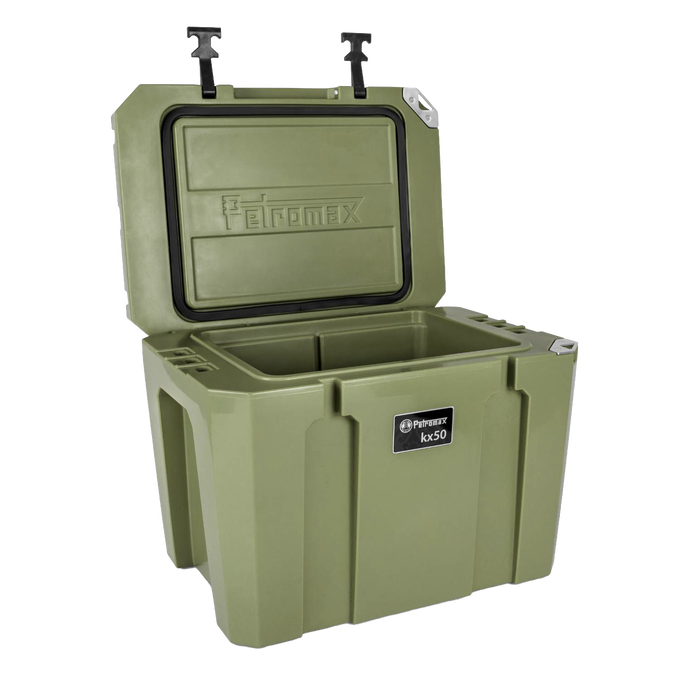 Robust olive green cooler with hinged lid open to reveal insulated interior, designed for extended ice retention, suited for outdoor Camping, Farm, Garden & Tool, and Best Sellers collections.